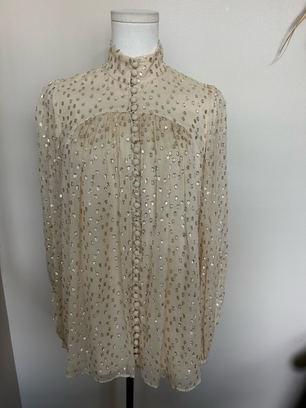 Zimmermann Metallic Gold Polka Dot Silk Blouse High Neck 0 Boho Whimsygoth
